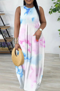 Blue Pink Casual Geometric Print Flowers Pocket Contrast O Neck Printed Dresses