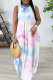 Blue Pink Casual Geometric Print Flowers Pocket Contrast O Neck Printed Dresses