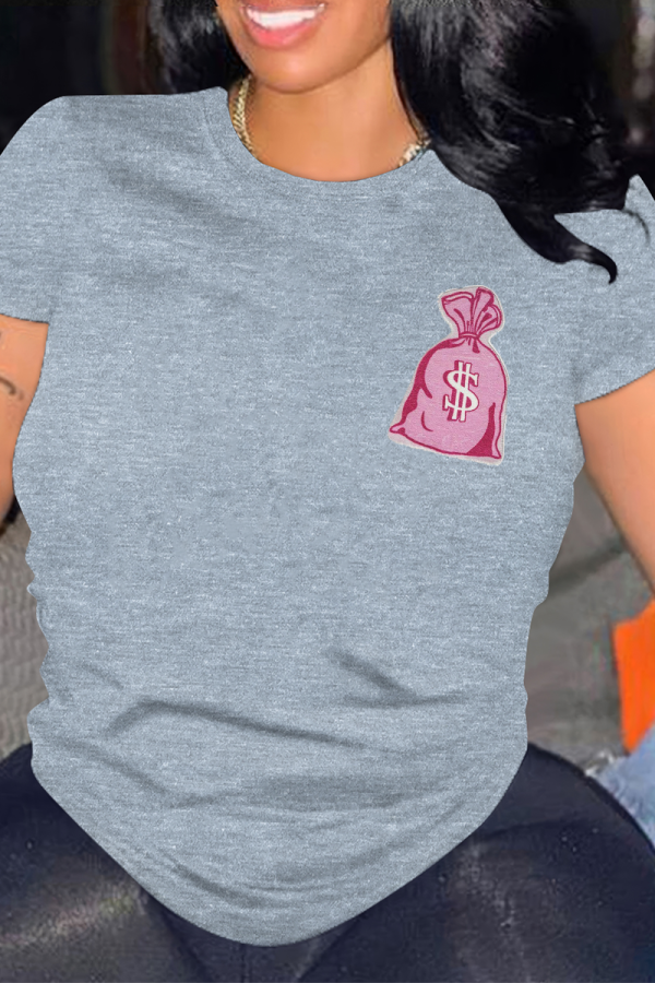 Grey Casual Graffiti Print O Neck Tops