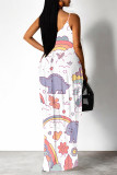 White Green Sexy Floral Print Cartoon Pocket Contrast V Neck Printed Dresses