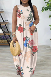 Pink Casual Geometric Print Flowers Pocket Contrast O Neck Printed Dresses