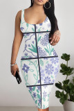 Beige Sexy Plaid Floral Print Contrast U Neck Printed Dresses
