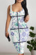 White Sexy Plaid Floral Print Contrast U Neck Printed Dresses