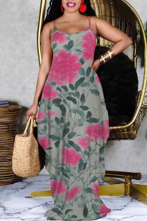 Rose Red Sexy Floral Print Pocket Contrast V Neck Printed Dresses