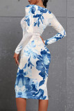 Blue Casual Floral Print Leopard Contrast O Neck Printed Dresses