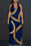 The cowboy blue Sexy Colorblock Print Lace Up Backless Contrast Halter Loose Jumpsuits