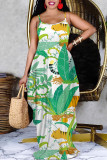 White Green Sexy Floral Print Cartoon Pocket Contrast V Neck Printed Dresses