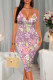 Purple Sexy Flowers Print Contrast V Neck Wrapped Skirt Dresses