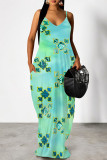 Blue Purple Casual Cartoon Print Flowers Letters Pocket Contrast V Neck Printed Dresses