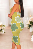 Blue Purple Sexy Flowers Print Contrast V Neck Wrapped Skirt Dresses