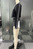 Black Daily Patchwork Hot Drill Conventional Collar Long Sleeve Three Piece Set