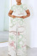 White Green Casual Geometric Print Pocket Contrast O Neck Short Sleeve Two Pieces
