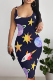 Rose Red Sexy Geometric Print Contrast U Neck Printed Dresses