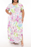 Baby Blue Casual Geometric Print Pocket Slit V Neck Printed Plus Size Dresses