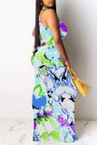 Blue Purple Geometric Print Flowers Stripe Contrast O Neck Dresses