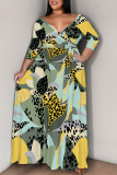 Camouflage Casual Geometric Print Lace Up Contrast V Neck Printed Plus Size Dresses