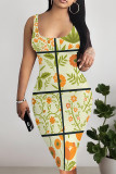 Beige Sexy Plaid Floral Print Contrast U Neck Printed Dresses