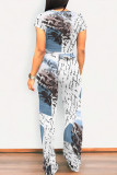 Baby Blue Casual Geometric Print Pocket Contrast O Neck Short Sleeve Two Pieces