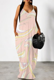 Light Purple Sexy Geometric Print Pocket Contrast V Neck Printed Dresses