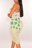 Blue Purple Sexy Flowers Print Contrast V Neck Wrapped Skirt Dresses
