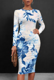 Blue Casual Floral Print Leopard Contrast O Neck Printed Dresses