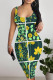 Dark Green Sexy Plaid Floral Print Contrast U Neck Printed Dresses