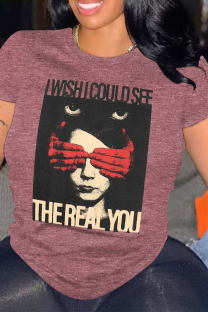 Purplish Red Casual portrait O Neck Tops
