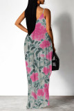 Cyanine Sexy Floral Print Pocket Contrast V Neck Printed Dresses