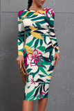Blue Casual Floral Print Leopard Contrast O Neck Printed Dresses