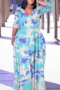 Baby Blue Casual Geometric Print Lace Up Contrast V Neck Printed Plus Size Dresses