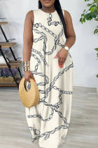Beige Casual Geometric Print Flowers Pocket Contrast O Neck Printed Dresses