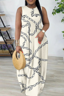 Beige Casual Geometric Print Flowers Pocket Contrast O Neck Printed Dresses