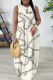 Beige Casual Geometric Print Flowers Pocket Contrast O Neck Printed Dresses
