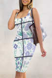 Beige Sexy Plaid Floral Print Contrast U Neck Printed Dresses