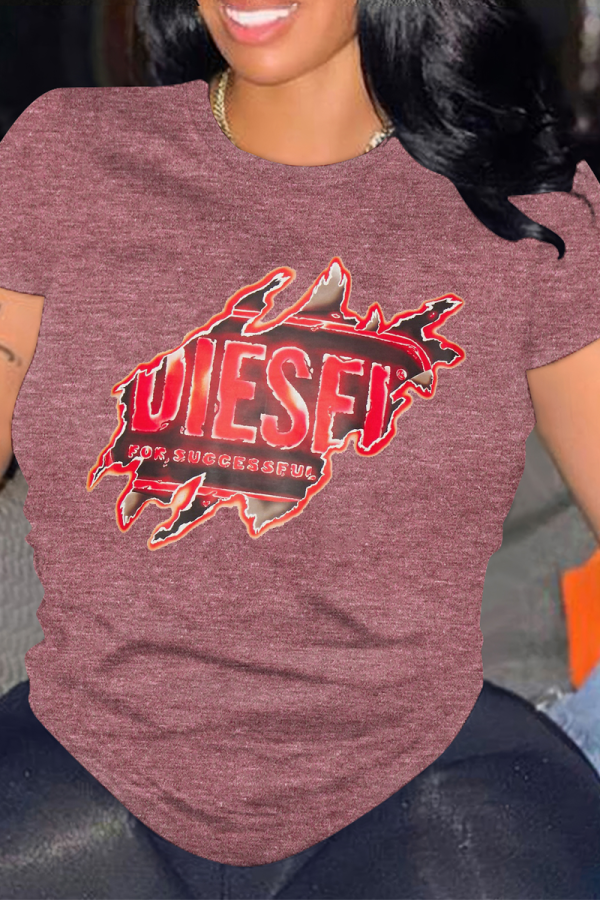 Purplish Red Casual Letter Print O Neck Tops