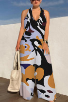 Multicolor Sexy Colorblock Print Lace Up Backless Contrast Halter Loose Jumpsuits