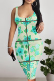Beige Sexy Plaid Floral Print Contrast U Neck Printed Dresses
