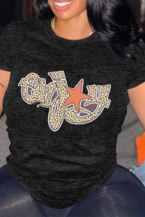 Black Casual Letter Print Leopard O Neck Tops