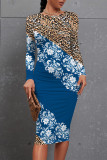 Blue Casual Floral Print Leopard Contrast O Neck Printed Dresses