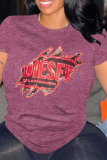 Blue Casual Letter Print O Neck Tops