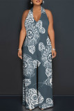 The cowboy blue Sexy Colorblock Print Lace Up Backless Contrast Halter Loose Jumpsuits