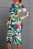 Blue Casual Floral Print Leopard Contrast O Neck Printed Dresses