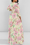 Blue Elegant Striped Print Flowers Pocket With Belt Contrast O Neck Printed Dresses