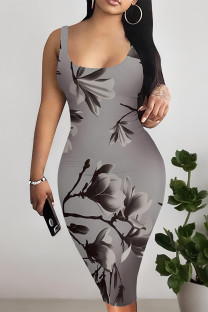 Grey Sexy Floral Print Contrast U Neck Printed Dresses