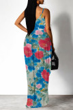 Cyanine Sexy Floral Print Pocket Contrast V Neck Printed Dresses