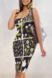 Beige Sexy Plaid Floral Print Contrast U Neck Printed Dresses
