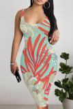 Red White Sexy Floral Print Contrast U Neck Printed Dresses