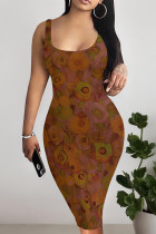 Brown Sexy Floral Print Contrast U Neck Printed Dresses