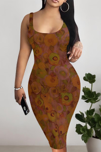 Brown Sexy Floral Print Contrast U Neck Printed Dresses