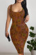 Brown Sexy Floral Print Contrast U Neck Printed Dresses